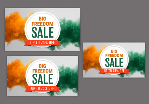 Editable Indian Independence Day Big Freedom Sale TV Ads Banner Set with Tricolor Smoke Clouds and 75 Percent Off Discount.