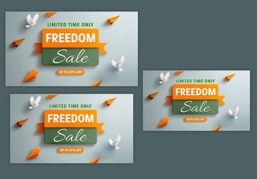Editable Indian Independence Day Freedom Sale Promotional Banner Set with 25 Percent Discount, Paper Airplanes and White Doves Flying on Pastel Grey Background.