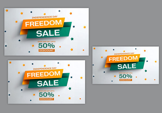 Editable Indian Independence Day Freedom Sale Social Media TV Ads Banner Set with 50 Percent Discount and Stars Decorative on Tricolor Background.