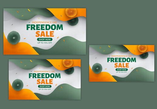 Editable Indian Independence Day Freedom Sale TV Ads Banner Set with 75 Percent Discount, Paper Cut Waves and Patriotic Rosette Decorations in Tricolor Theme.