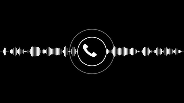 Telephone call icon with audio sound waveform looping motion graphic, white voice receiver frequency spectrum line, podcast call sign on black background 4k video loop.