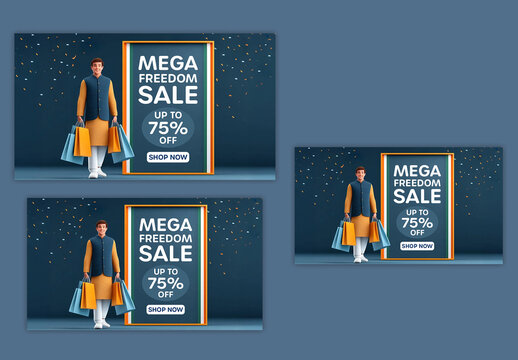 Editable Indian Independence Day Mega Freedom Sale TV Ads Banner Set with 3D Character of Man in Traditional Attire Holding Shopping Bags and 75 Percent Off on Greyish Blue Background.