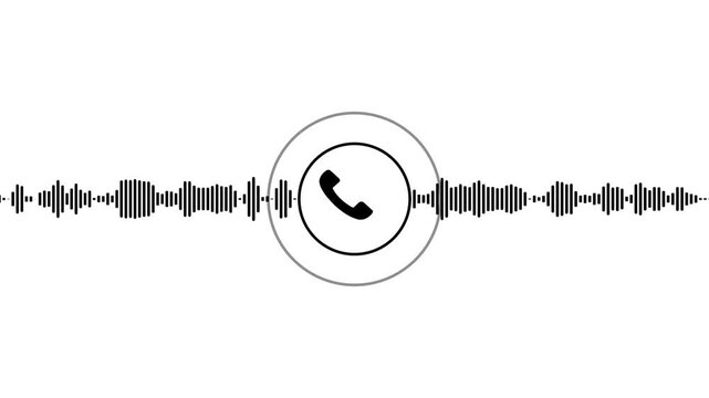 Telephone call icon with audio sound waveform looping motion graphic, black voice receiver frequency spectrum line, podcast call sign on white background 4k video loop.