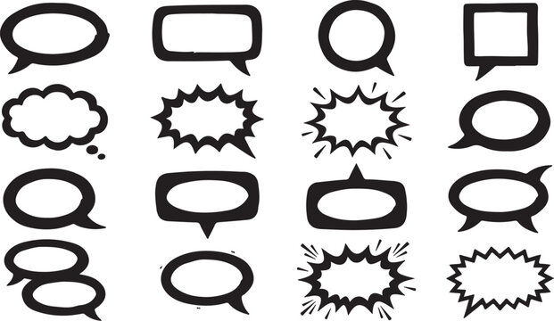 Set of stylized speech bubbles and comic explosion shapes in black on transparent background for design elements.