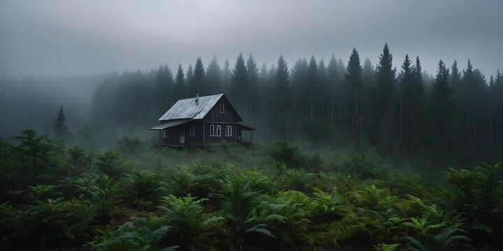 Remote forest cabin in dense fog