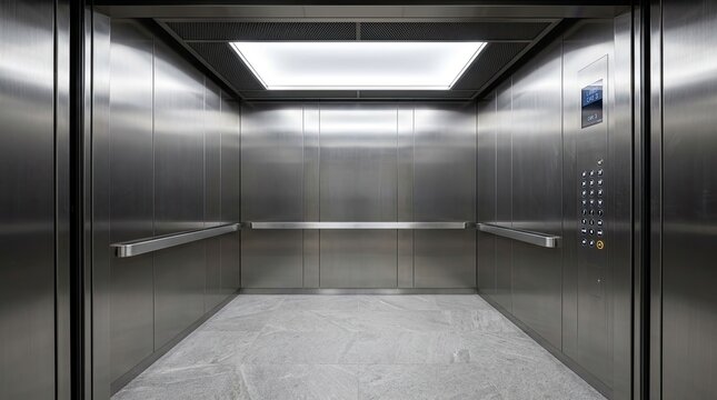 Interior of modern stainless steel elevator with bright light.