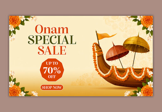 Editable Onam Sale TV Ads Banner Design with Traditional Snake Boat, Olakkuda Umbrella and 70 Percent Discount on Yellow Background.