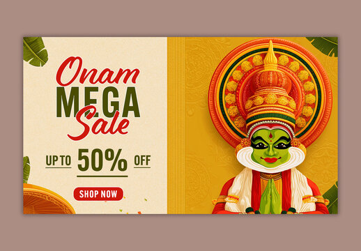 Editable Onam Mega Sale TV Ads Banner Design with 50 Percent Discount and Kathakali Dancer Portrait in Namaste Pose.