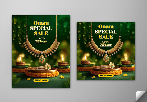 Editable Onam Jewellery Sale Social Media Post Set with 75 Percent Discount on Gold Collection and Festive Green Background.