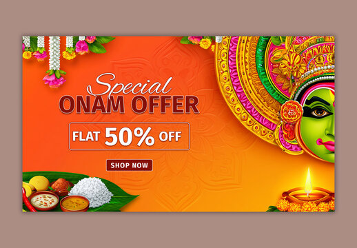 Editable Onam Sale TV Ads Banner Design with Kathakali Dancer Face Portrait, Festive Sadya Banana Leaf Feast and Illuminated Diya Lamp on Orange Background.
