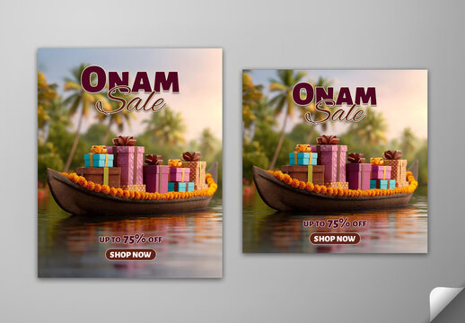 Editable Onam Sale Social Media Post Set with 75 Percent Discount and Gift Boxes on Traditional Snake Boat at Sunrise.