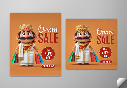 Editable Onam Sale Social Media Post Set with 3D Cute King Mahabali Holding Shopping Bags and 70 Percent Discount Offer.