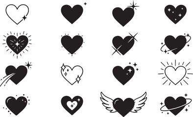 Fototapeta premium Assortment of stylish black hearts featuring sparkling effects, orbiting rings, shooting stars, and crescent moon for creative love and romance design projects.
