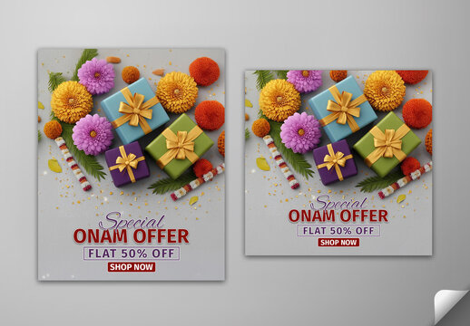 Editable Onam Sale Social Media Post Set with 50 Percent Discount Off, Gift Boxes and Flowers on Grey Background Top Photo.