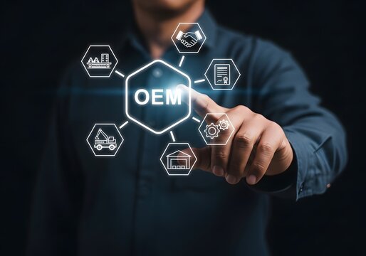 Original equipment manufacturer oem concept with digital icons held by a business person