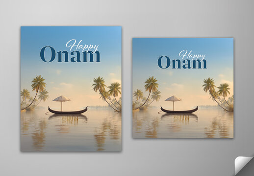 Editable Happy Onam Greeting Card Social Media Post Set with Traditional Wooden Boat and an Olakkuda Umbrella Floating on Kerala Backwaters Surrounded by Palm Trees under Sunset View Photo.