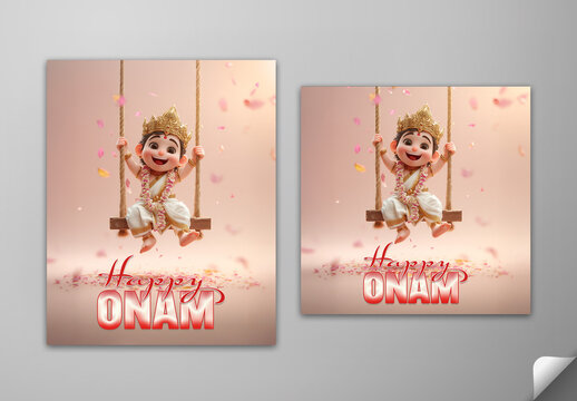 Editable Happy Onam Greeting Card Social Media Post Set with 3D Cute Cartoon Boy as King Mahabali Sitting on Rope Swing and Falling Flower Petals Background.