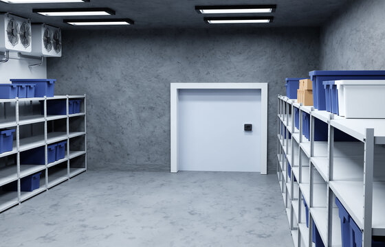 Refrigeration warehouse for food. Metal shelves frozen foods with boxes