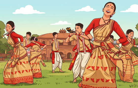 Artists perform the traditional Bihu dance and play folk musical instruments during a cultural celebration in Assam