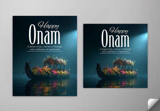 Editable Happy Onam Greeting Card Social Media Post Set with Traditional Snake Boat Decorated by Vibrant Colorful Flowers Floating on Calm Water at Night under Soft Spotlight.