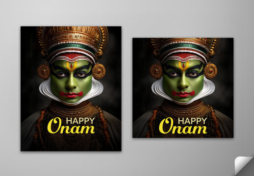 Editable Happy Onam Greeting Card Social Media Post Set with Closeup Kathakali Dancer Portrait on Dark Background.