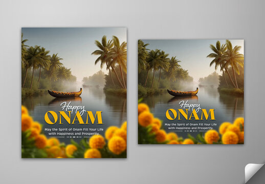 Editable Happy Onam Greeting Card Social Media Post Set with Traditional Kerala Boat on Serene Backwaters and Marigold Flowers Photo.