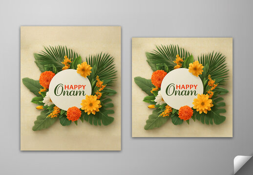 Editable Happy Onam Greeting Card Social Media Post Set with Tropical Leaves and Floral Decoration on Beige Background.
