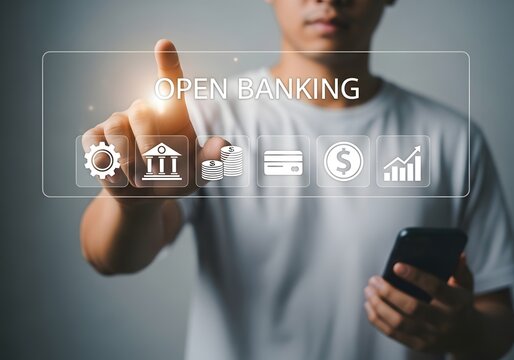 Person using a smartphone to access open banking services via a digital futuristic interface