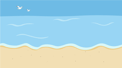 夏のバナー　海の背景イラスト　　夏素材　ビーチ、浮き輪、浜辺　ビーチサンダル、　 © Karin