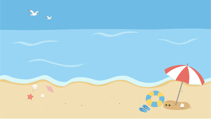 夏のバナー　海の背景イラスト　　夏素材　ビーチ、浮き輪、浜辺　ビーチサンダル、　 © Karin