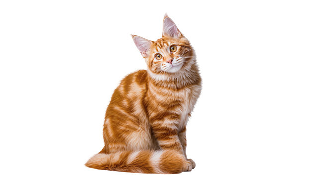 Orange tabby Maine Coon kitten sitting attentively