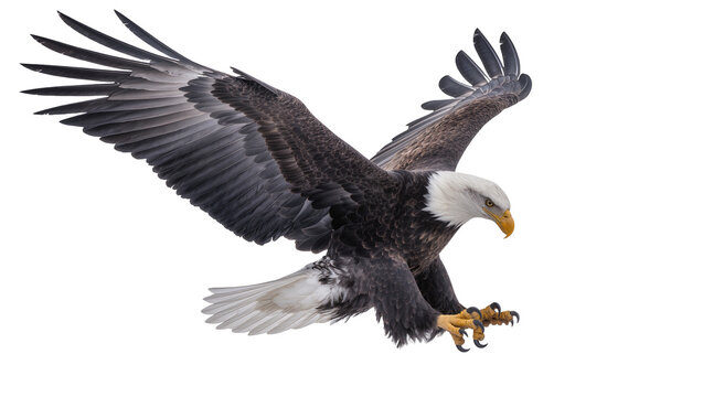 Bald eagle with wings spread talons extended, in flight