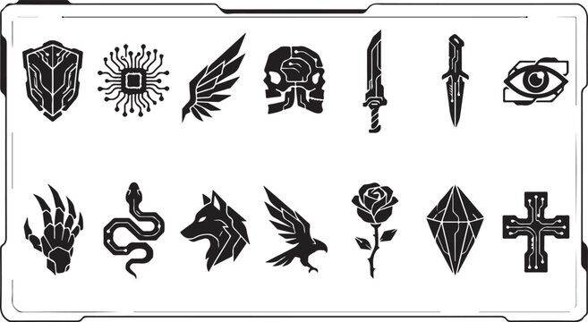 Collection of modern futuristic cybernetic symbols including skull wings sword eye shield circuit board and nature elements vector art.