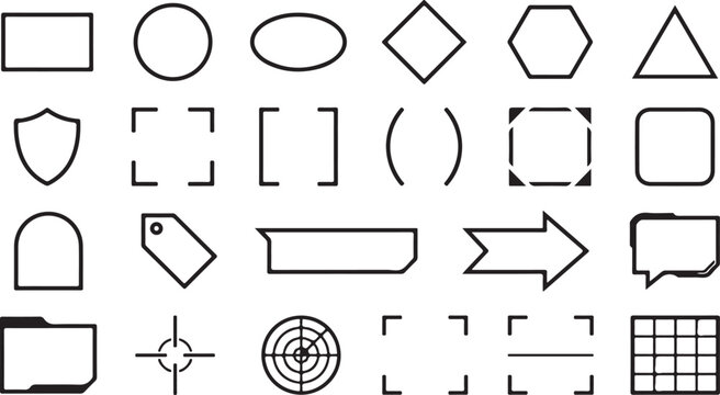 Collection of basic geometric shapes and flowchart elements including squares circles arrows and speech bubbles on transparent background.