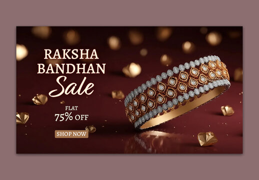 Editable Raksha Bandhan Sale TV Ads Banner Design with Luxury Gold and Diamond Bangle on Deep Maroon Background with Scattered Gold Crystals.