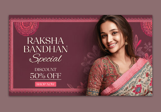 Editable Raksha Bandhan Sale TV Ads Banner Design with 50 Percent Discount Off and Indian Woman in Floral Saree Photo.
