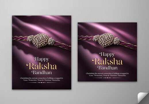 Editable Happy Raksha Bandhan Greeting Card Social Media Post Template Set with Beautiful Stones Rakhi on Dark Purple Fabric Texture Background.