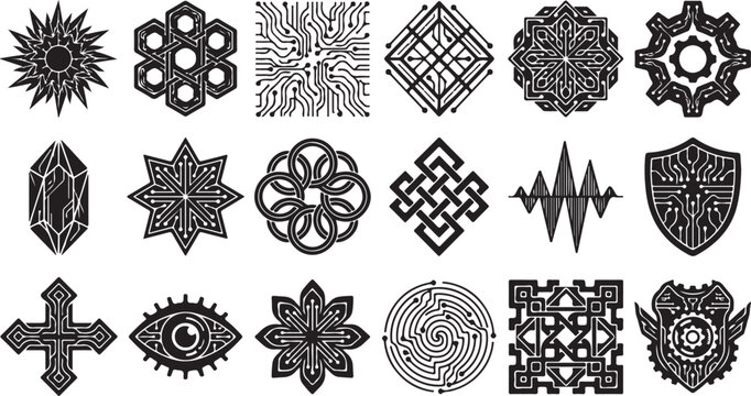 Collection of intricate geometric and abstract symbols including crystals circuit board patterns mandalas and shield emblems vector graphics.