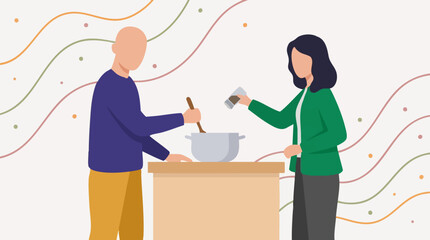 Obraz premium Flat illustration of two people cooking together in a kitchen