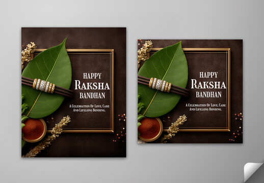 Editable Happy Raksha Bandhan Greeting Card Social Media Post Template Set with Elegant Gold and Diamond Studded Rakhi Placed on Green Leaf with Kumkum Bowl on Luxury Dark Brown Textured Background.