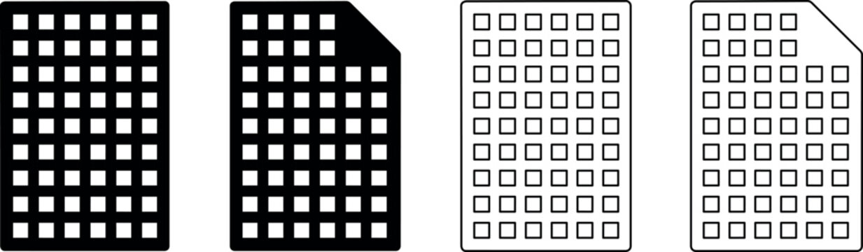 Grid patterns with varying fill and corner cutouts, representing data or structure
