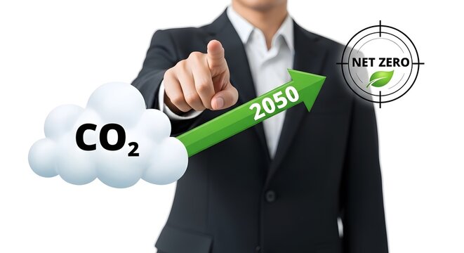 Businessman pointing at co2 reduction arrow pointing to net zero isolated on with business environment reduction