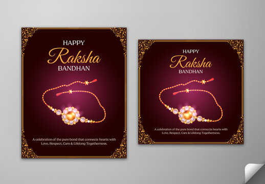 Editable Happy Raksha Bandhan Greeting Card Social Media Post Template Set with Beautiful Pearl Rakhi on Dark Background.