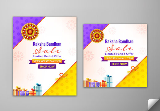 Editable Raksha Bandhan Sale Social Media Post Template Set with 50 Percent Discount Off on All Items and Colorful Gift Boxes for Advertising.