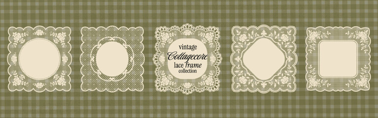 Naklejka na ściany i meble Whimsical floral lace frame set. Vintage cottagecore doily square labels with crochet style borders and scalloped decorative frames for wedding cards. Embroidery handkerchief with squiggle shapes.