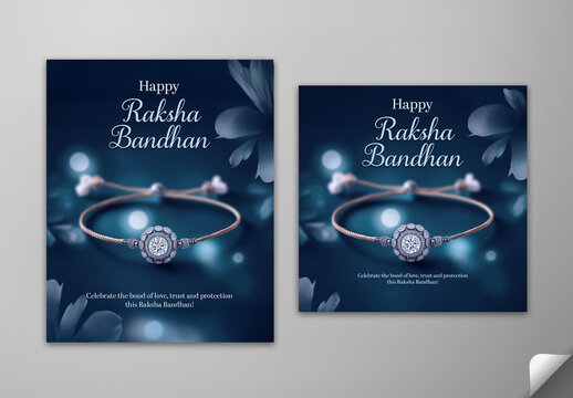 Editable Happy Raksha Bandhan Greeting Card Social Media Post Template Set with Luxury Diamond Studded Rakhi Design on Blue Bokeh Background.