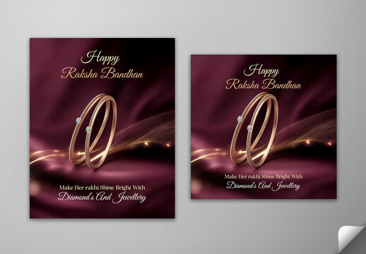 Editable Happy Raksha Bandhan Greeting Card Social Media Post Template Set with Rose Gold Diamond Bangles Displayed on Burgundy Fabric Background for Jewellery Promotion.