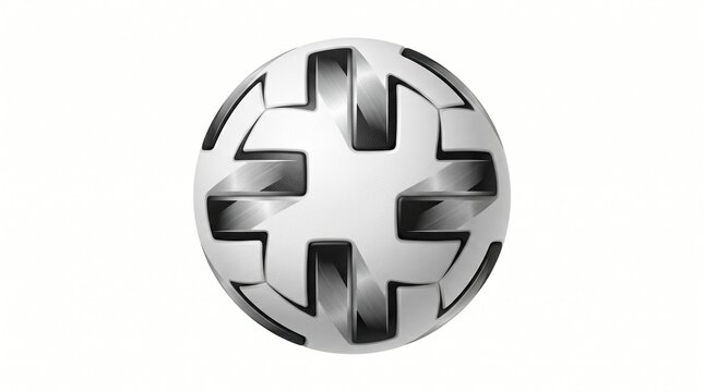 Metallic silver sphere, cross-shaped cutouts, reflective surface, industrial design element