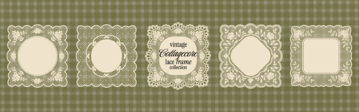 Whimsical floral lace frame set. Vintage cottagecore doily square labels with crochet style borders and scalloped decorative frames for wedding cards. Embroidery handkerchief with squiggle shapes.