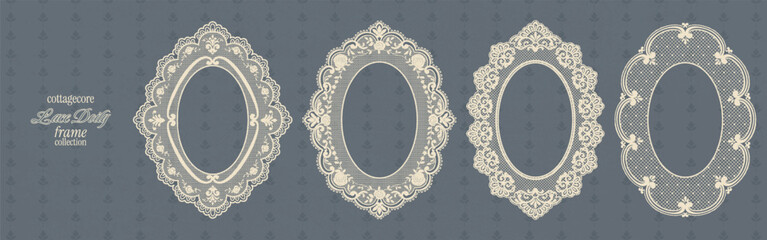 Naklejka na ściany i meble Vintage lace frame set. Elegant Victorian style doilies with floral. Classic antique embroidery oval borders.Whimsy silhouettes for baby shower cards, garden party.Paper crochet lace with mesh shapes.